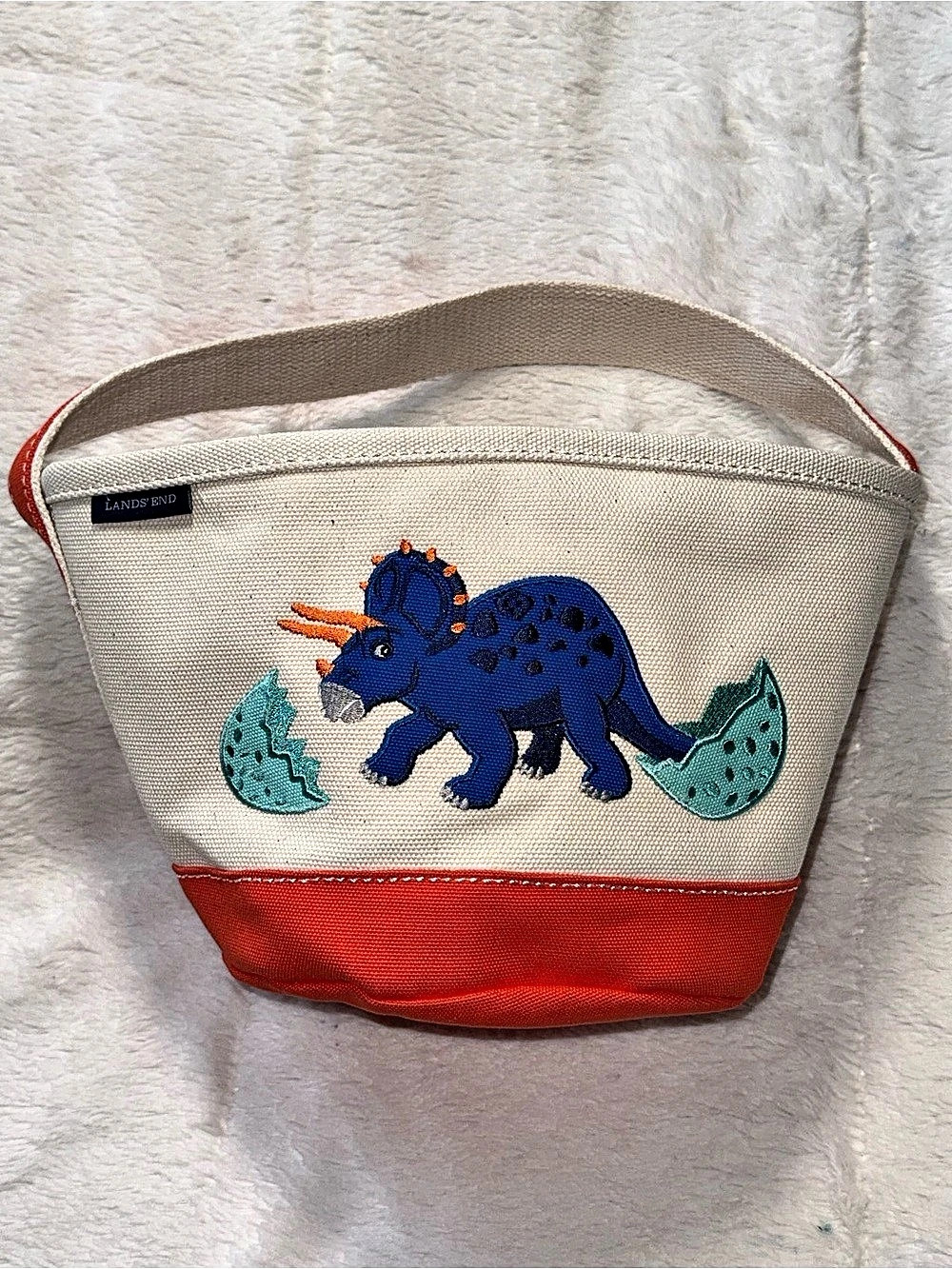 NWOT Lands' End Embroidered Dinosaur Canvas Bag Cream & Orange with Handle